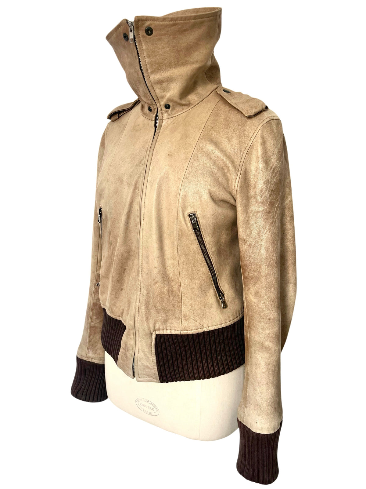 Blouson Aviateur Vintage Cuir Beige Patiné Col XXL — T. 40/42 (46 IT) — Made in Italy