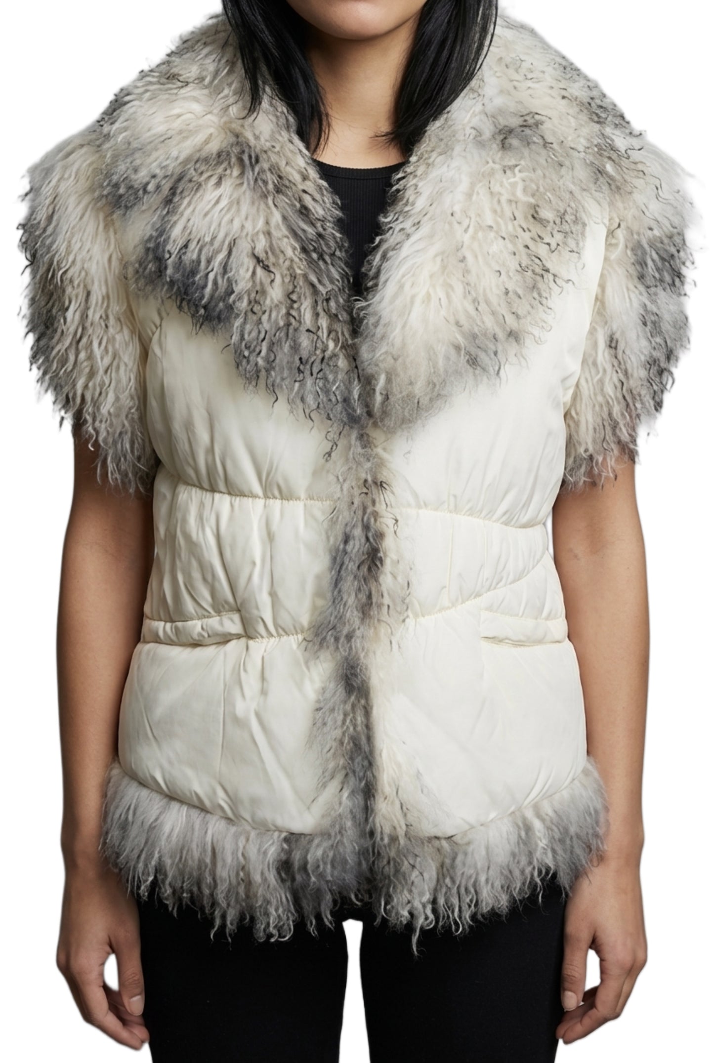 Gilet Afghan sans manches - Doudoune vintage blanche & fausse fourrure - 40/42
