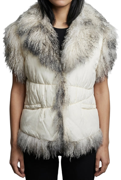 Gilet Afghan sans manches - Doudoune vintage blanche & fausse fourrure - 40/42