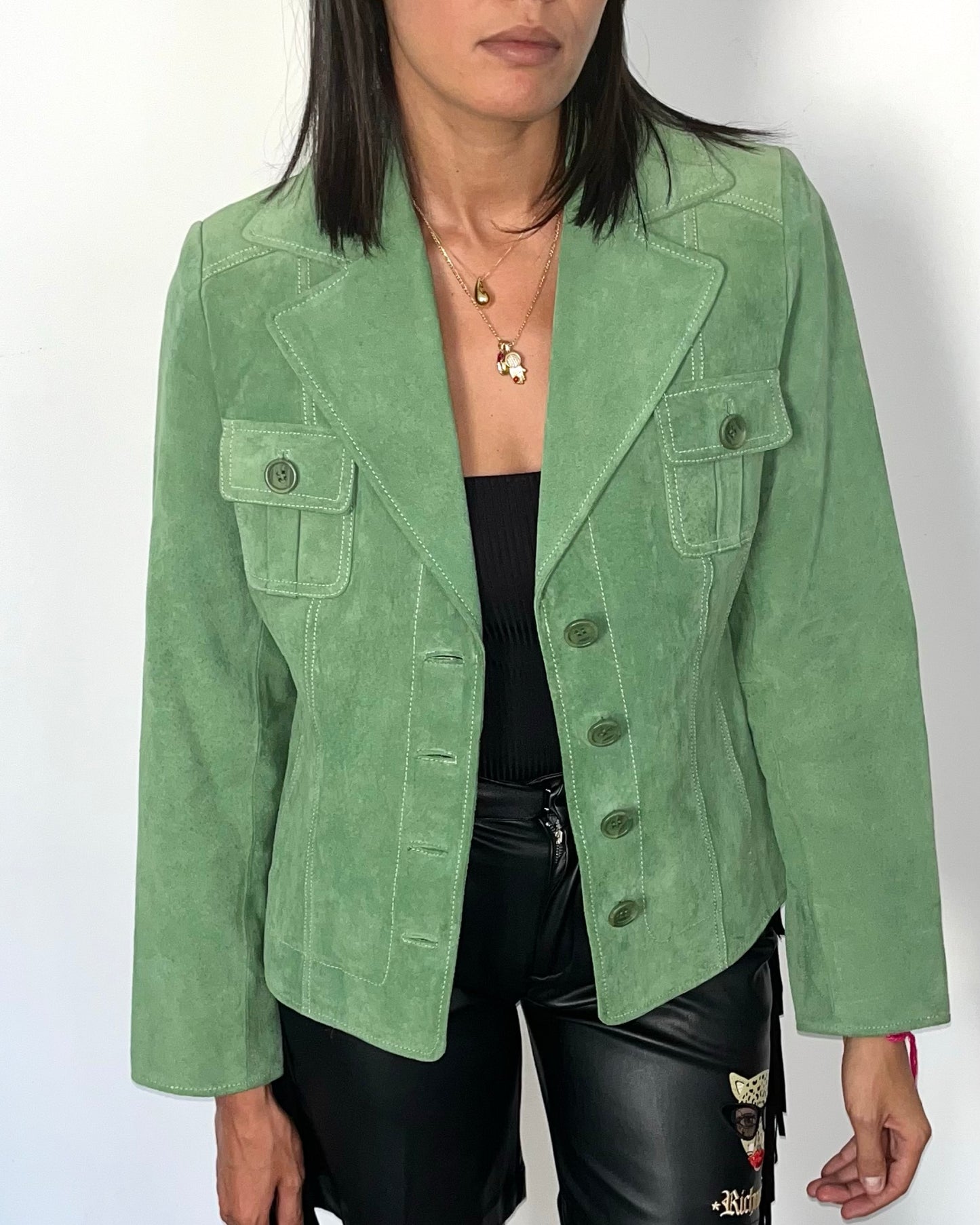 Veste vintage en cuir véritable vert clair – Taille 40