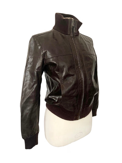 Biley – Veste bomber vintage en cuir véritable marron, col montant, taille 38