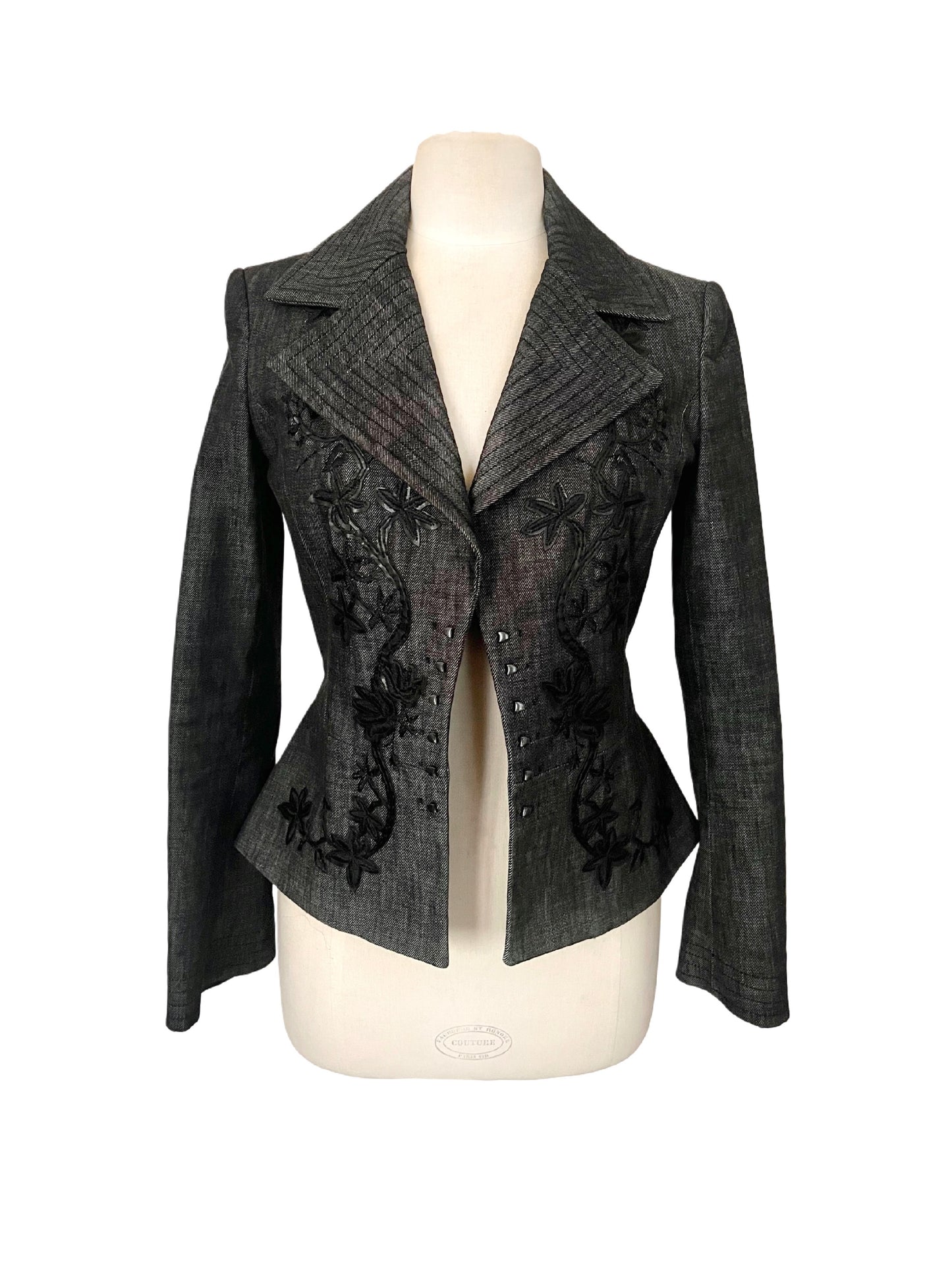 Veste vintage cintrée grise à broderies florales - Coupe structurée - 38/M