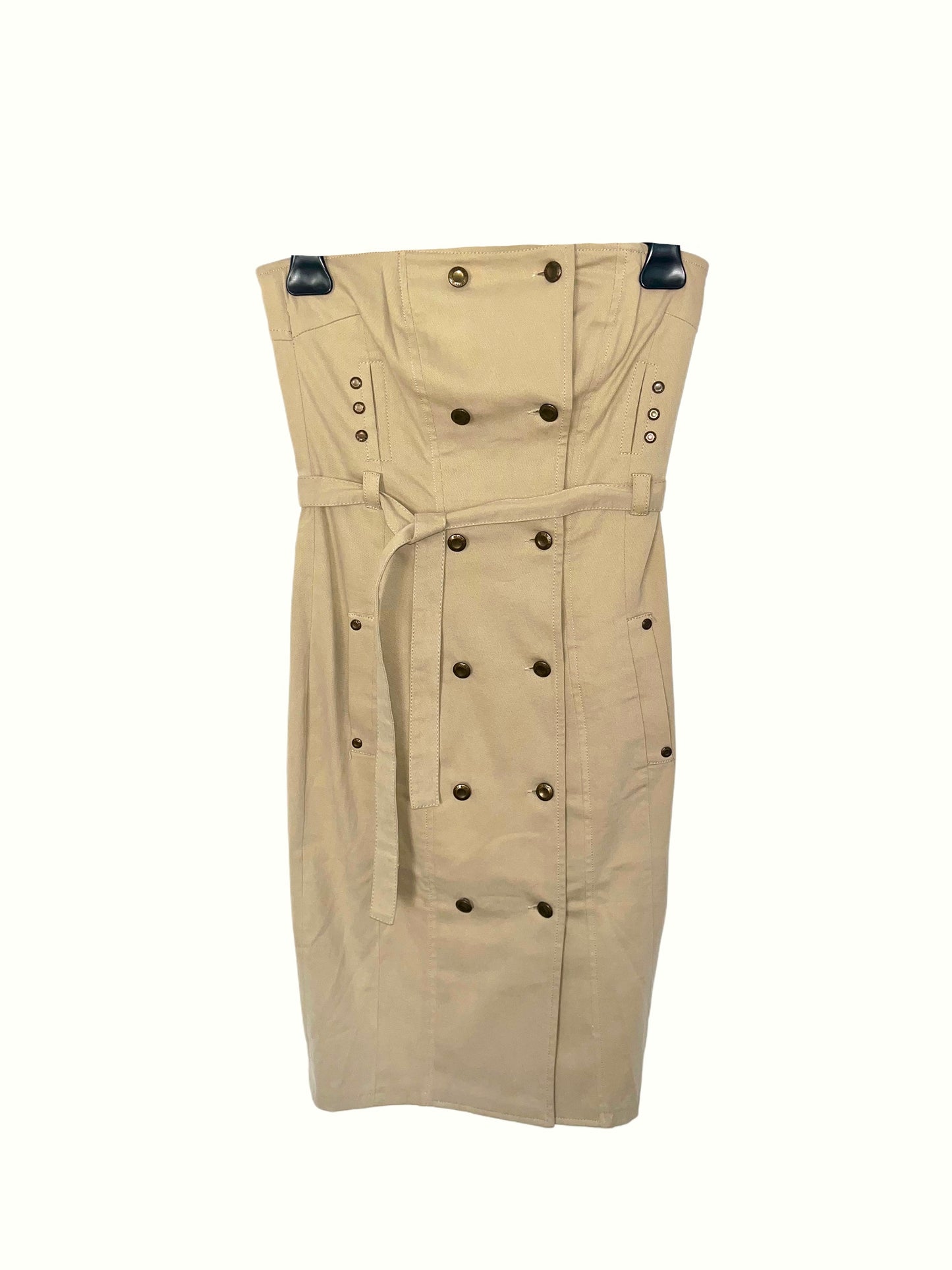 Robe bustier vintage beige – mi-longue, ceinture intégrée, détails dorés – T36