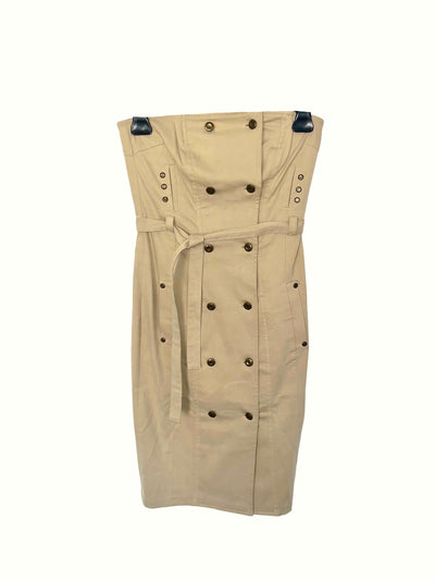 Robe bustier vintage beige – mi-longue, ceinture intégrée, détails dorés – T36