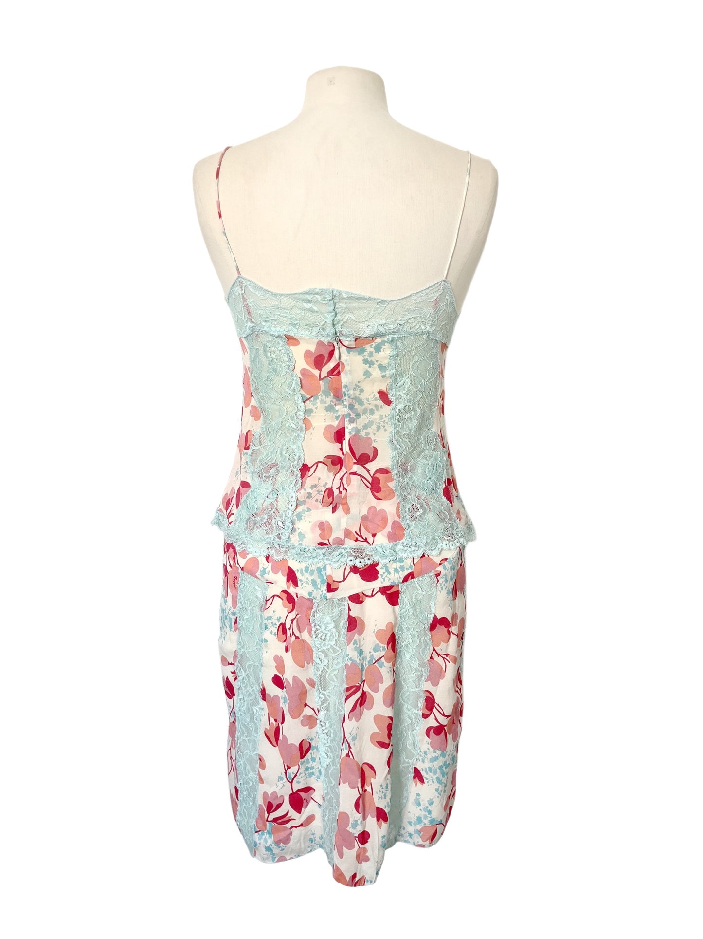 Ensemble Coordonné PINKO Esprit Lingerie en Soie & Dentelle Bleu Pastel — Top Caraco + Jupe Fleuries — taille 38/40 — Coquette / Boudoir Chic / Y2K