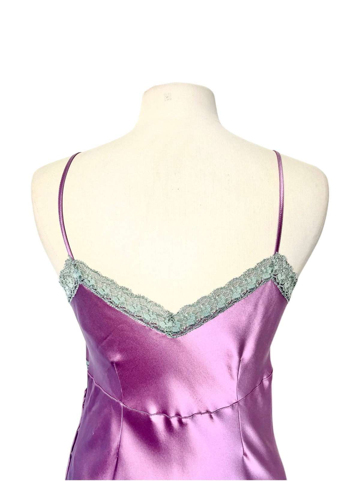 Robe Midi Style Nuisette Satin Violet Parme & Voile Plissé Bleu Marine — Dentelle Vert d'Eau — T. 38