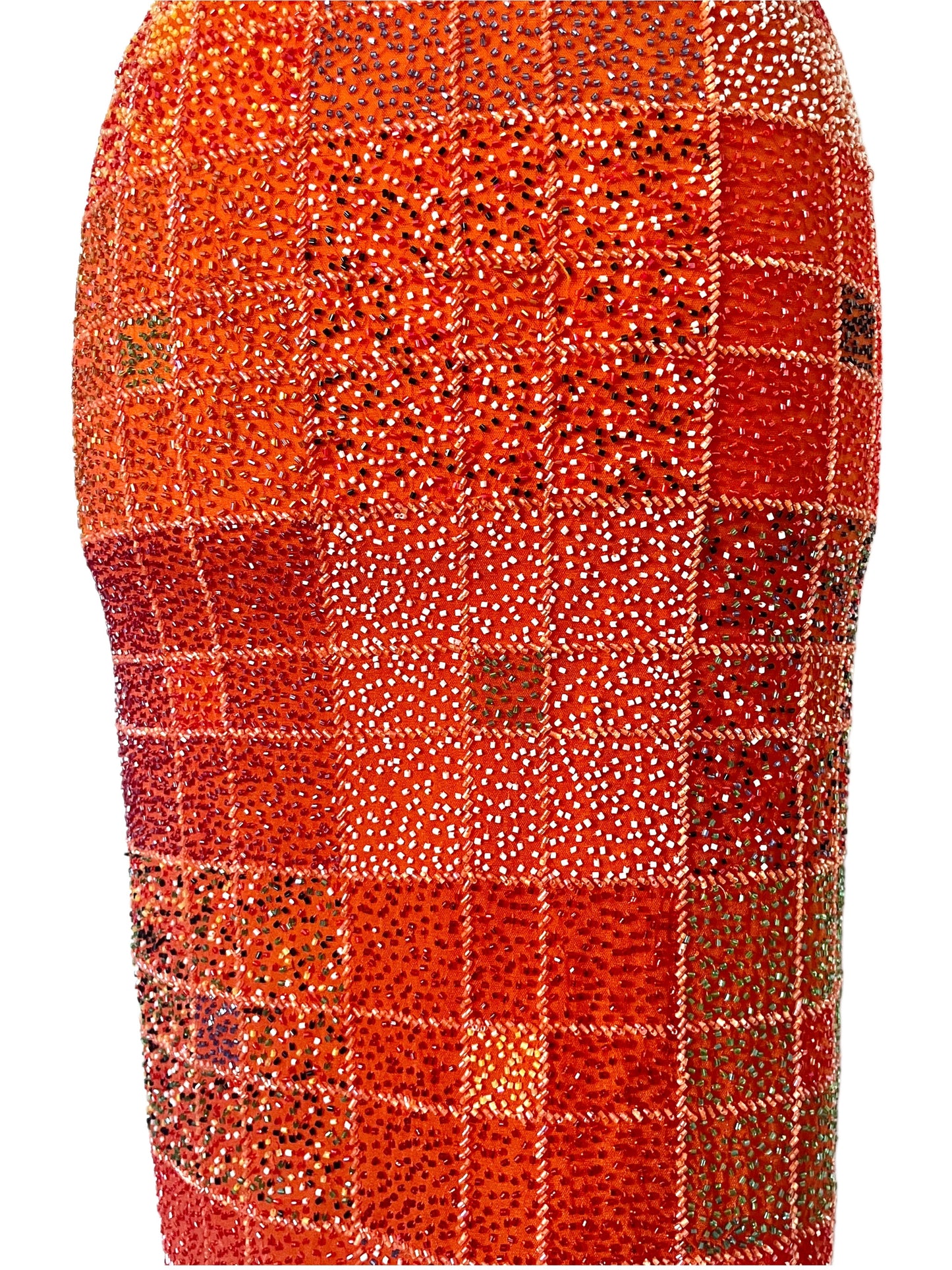 Jupe Midi Vintage Y2K Entièrement Perlée - Motif Géométrique Tons Chauds - Taille 38 (M)