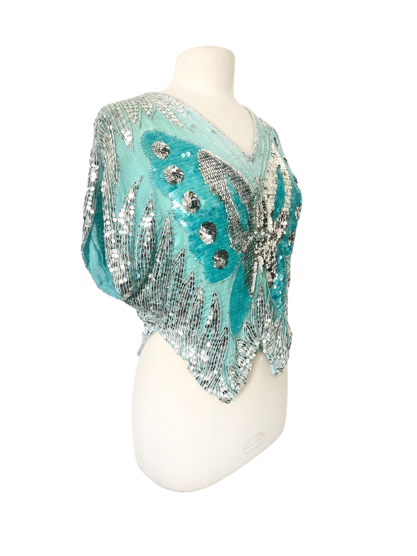 Top Vintage Papillon en Soie Turquoise & Sequins Argentés — taille 38 — Y2K / Glamour / Pièce de Fête