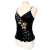 Top vintage noir à fines bretelles 100% soie, broderies perlées et sequins – Taille 38/40