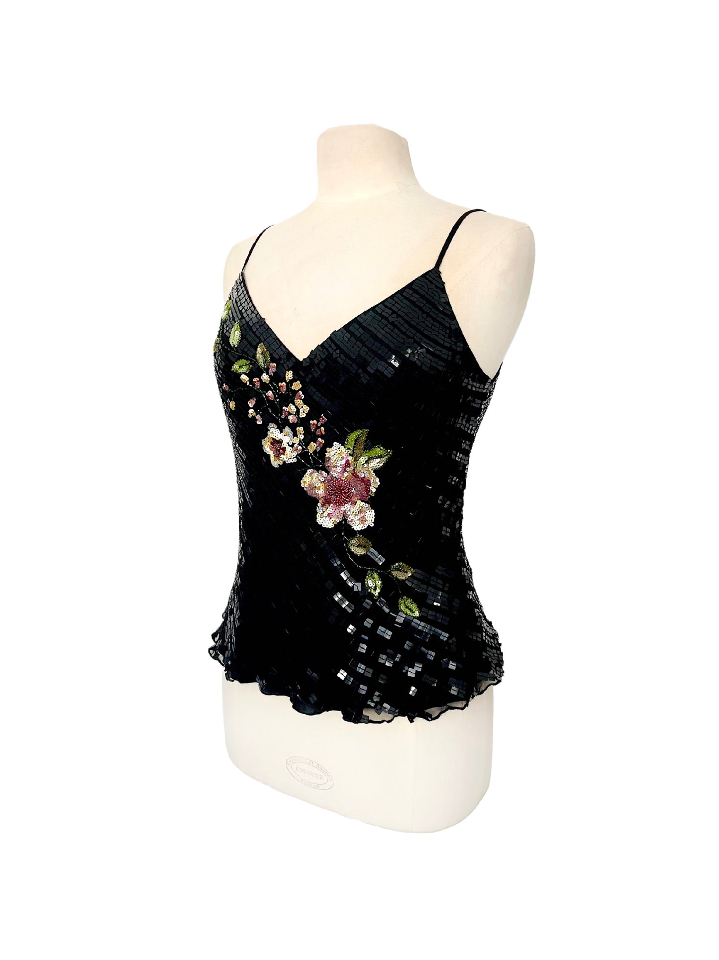 Top vintage noir à fines bretelles 100% soie, broderies perlées et sequins – Taille 38/40
