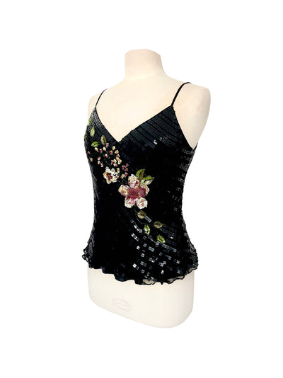 Top vintage noir à fines bretelles 100% soie, broderies perlées et sequins – Taille 38/40