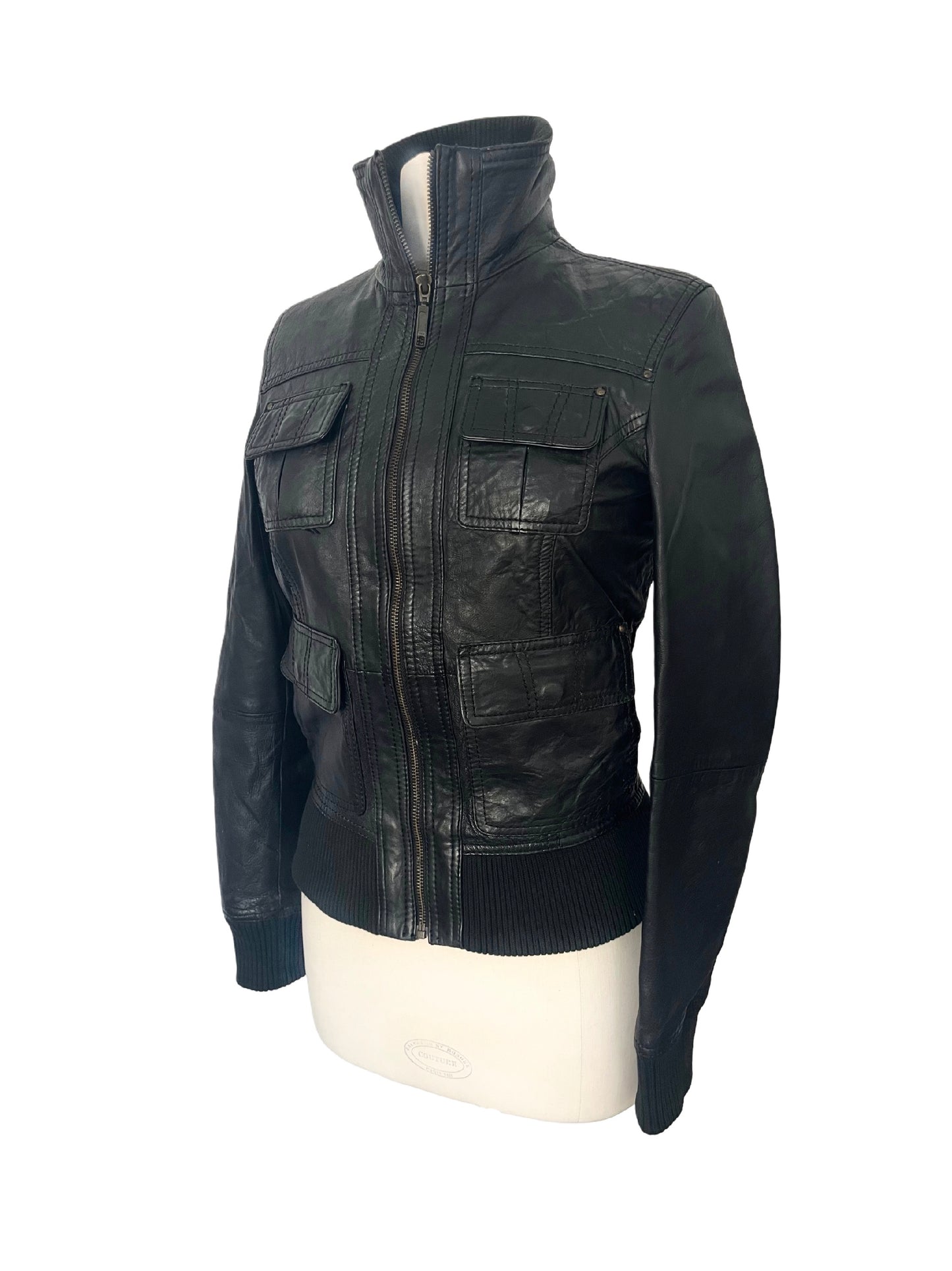 ASHLEY - Blouson vintage en cuir véritable noir – Taille 38