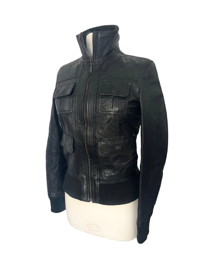 ASHLEY - Blouson vintage en cuir véritable noir – Taille 38