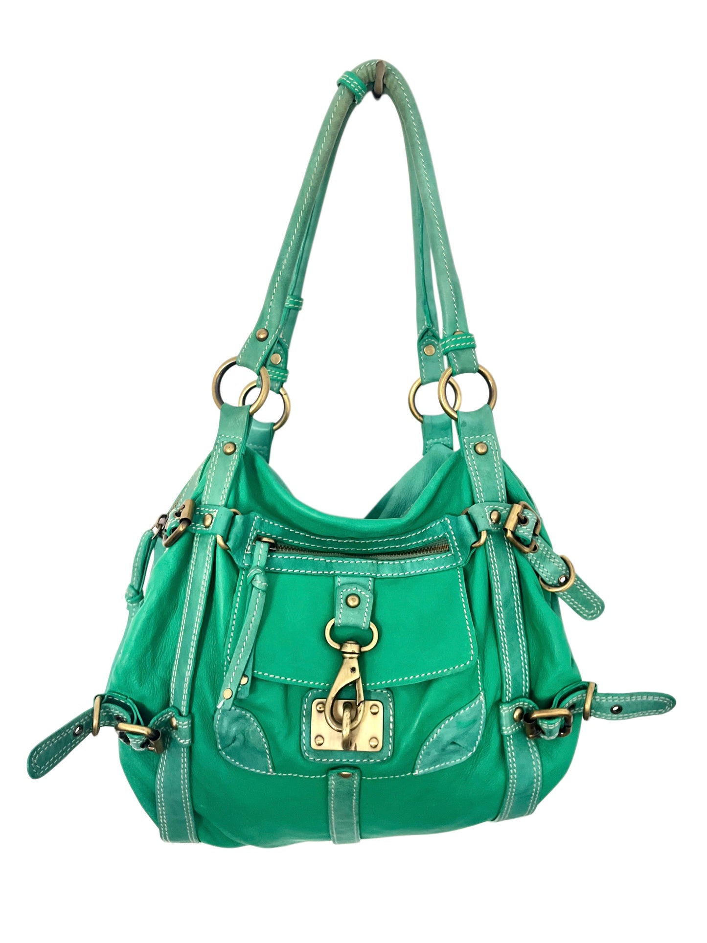 Sac à Main Fourre-Tout en Cuir Vert Turquoise — Format Medium — Style Vintage / Bohème