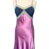 Robe Midi Style Nuisette Satin Violet Parme & Voile Plissé Bleu Marine — Dentelle Vert d'Eau — T. 38