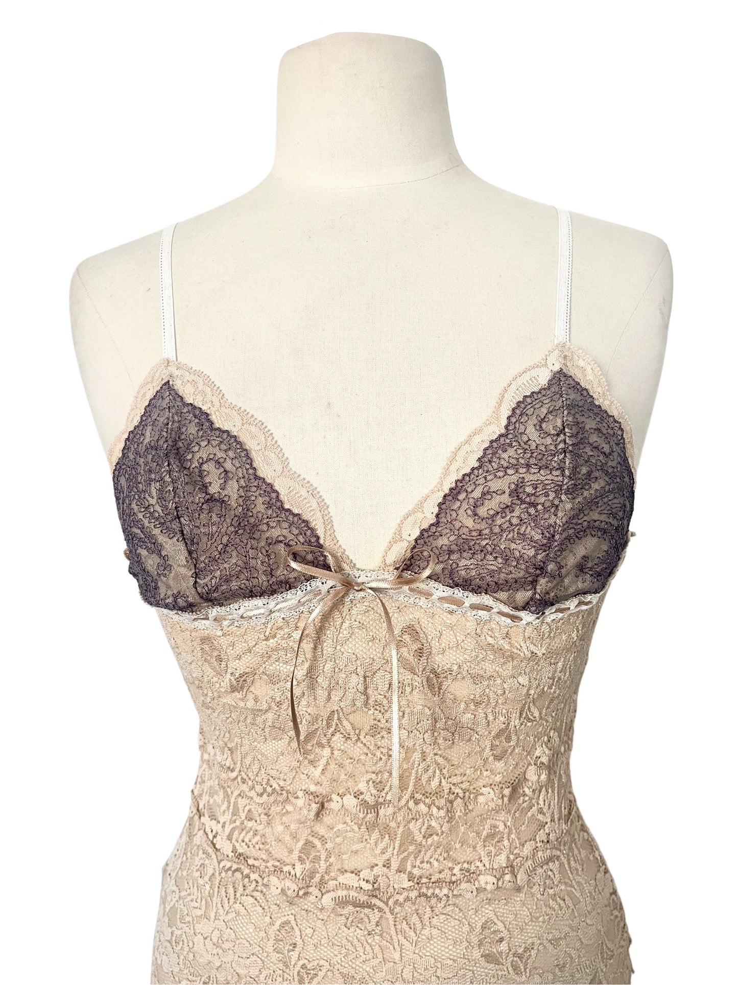 Top Lingerie Dentelle Bicolore Vintage Y2K - Fines Bretelles - Taille 38/40 (M/L)