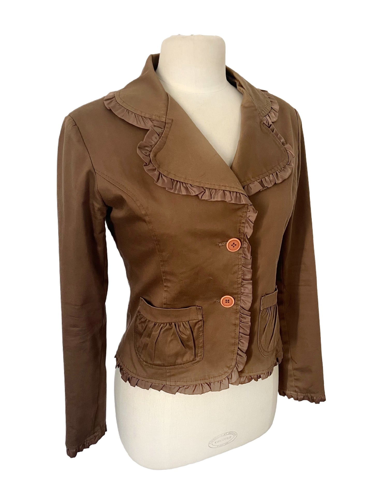 Veste Blazer Vintage Marron Glacé Cintrée à Biais Froncés  — taille 38/40 — coquette / boho chic