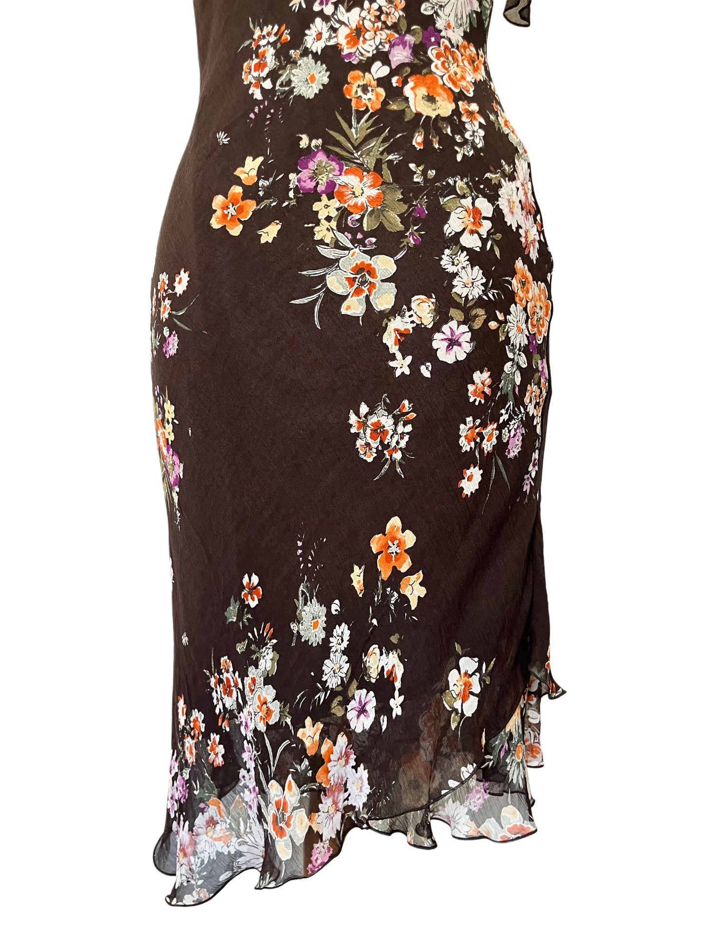 Robe Mi-Longue Fluide et Asymétrique — 38 FR (M) — Imprimé Fleuri Chocolat — Style Romantique Y2K