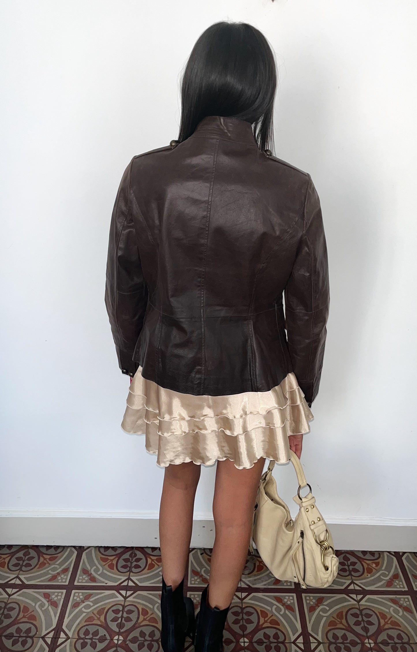Veste vintage en cuir véritable marron style officier – Taille 40