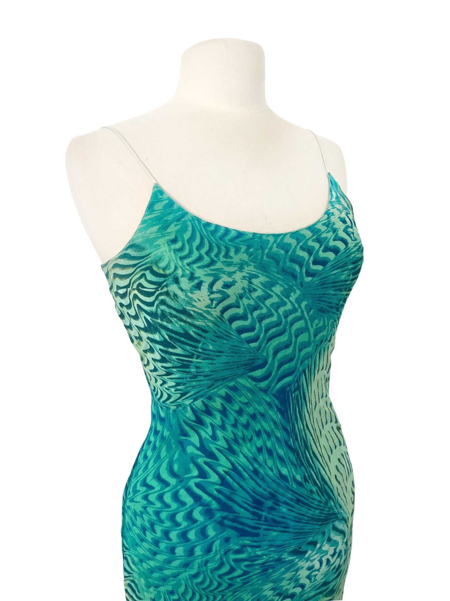 Robe à Fines Bretelles et Motifs Psychédéliques Turquoise / Vert — taille 36/38 — Pièce Vintage