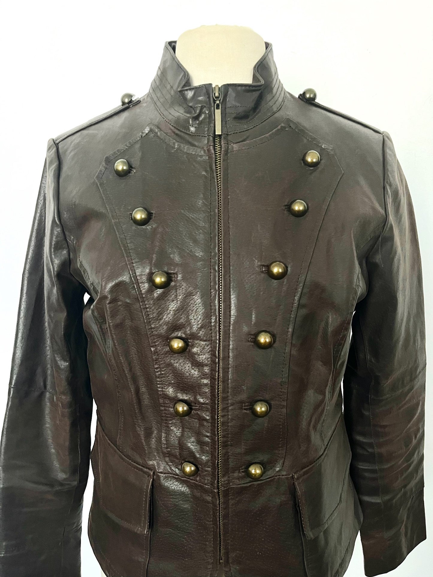 Veste vintage en cuir véritable marron style officier – Taille 40