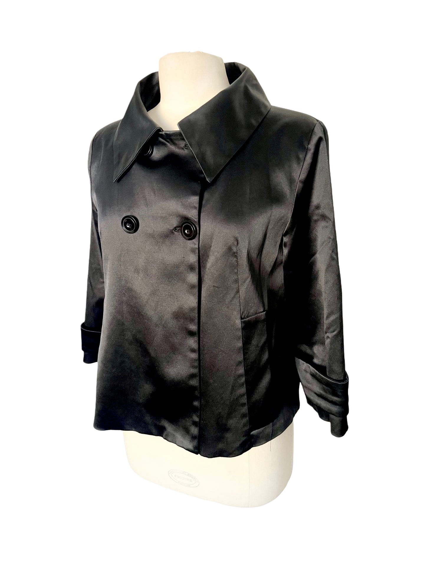 VESTE VINTAGE CABAN COURT EN SATIN NOIR - (MADE IN SPAIN) - TAILLE 38/40