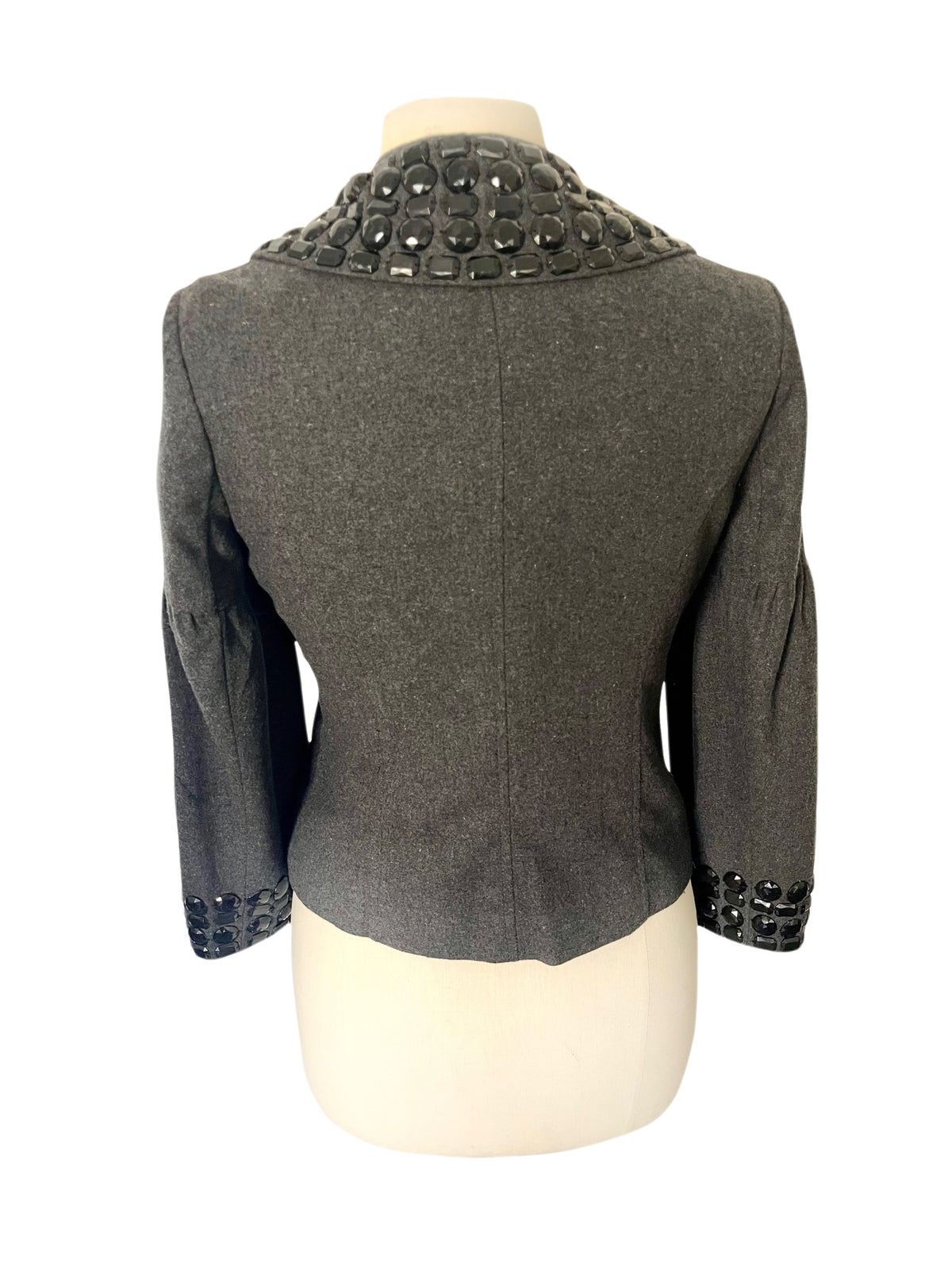 Veste Courte Style Caban Gris Anthracite Col Claudine & Poignets Gemmes Noires — T. 38