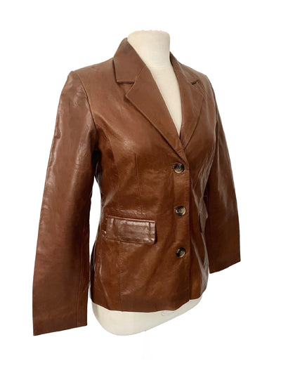Monica – Veste blazer vintage en cuir véritable lisse noisette, taille 38