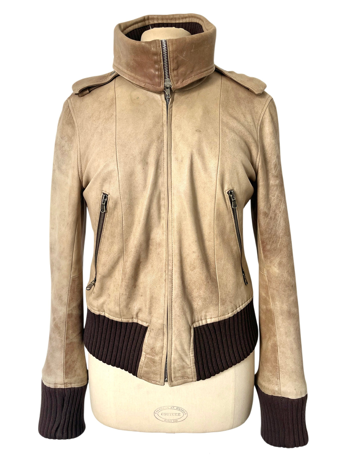 Blouson Aviateur Vintage Cuir Beige Patiné Col XXL — T. 40/42 (46 IT) — Made in Italy