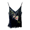 Top vintage noir à fines bretelles 100% soie, broderies perlées et sequins – Taille 38/40