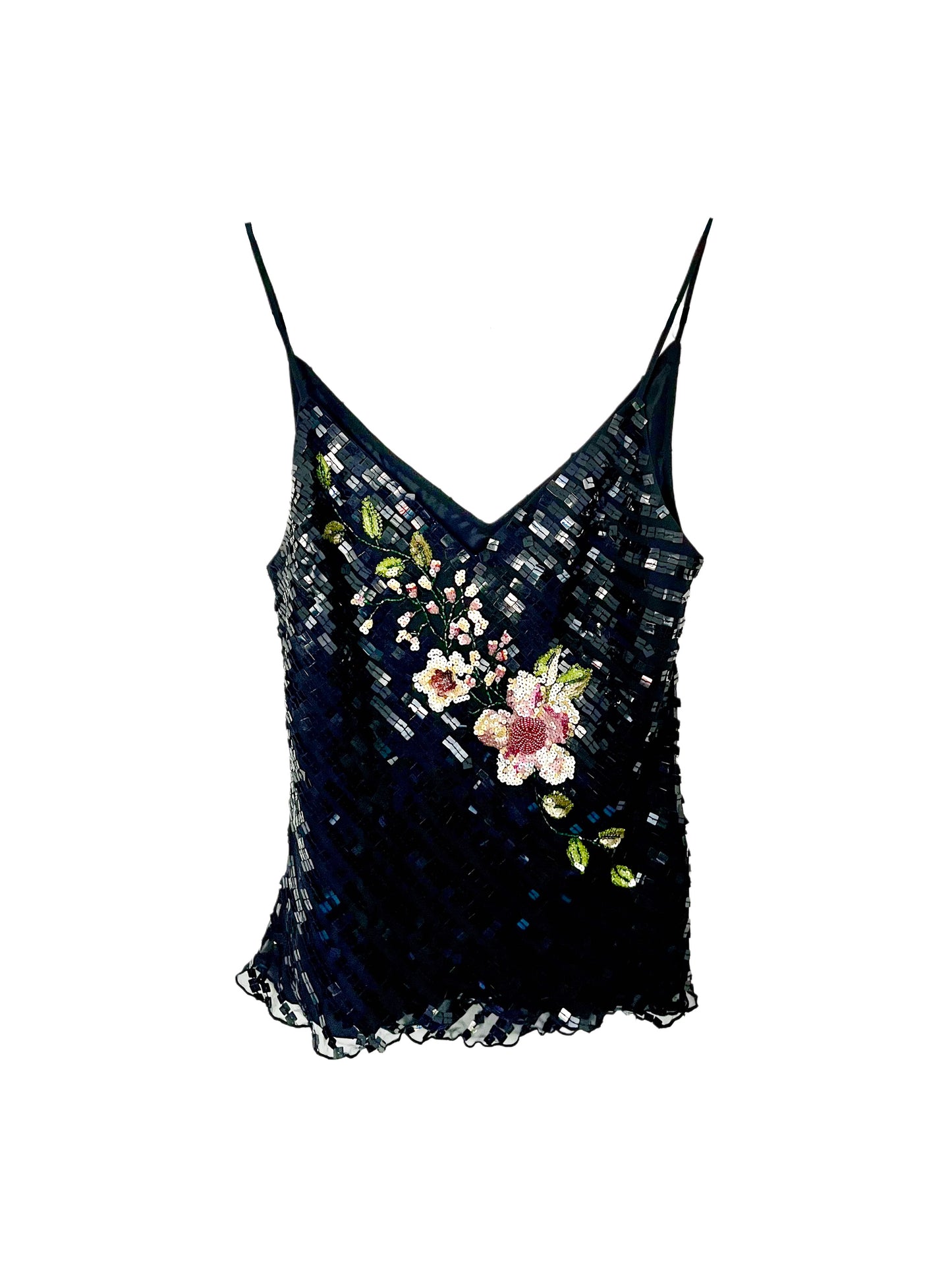 Top vintage noir à fines bretelles 100% soie, broderies perlées et sequins – Taille 38/40