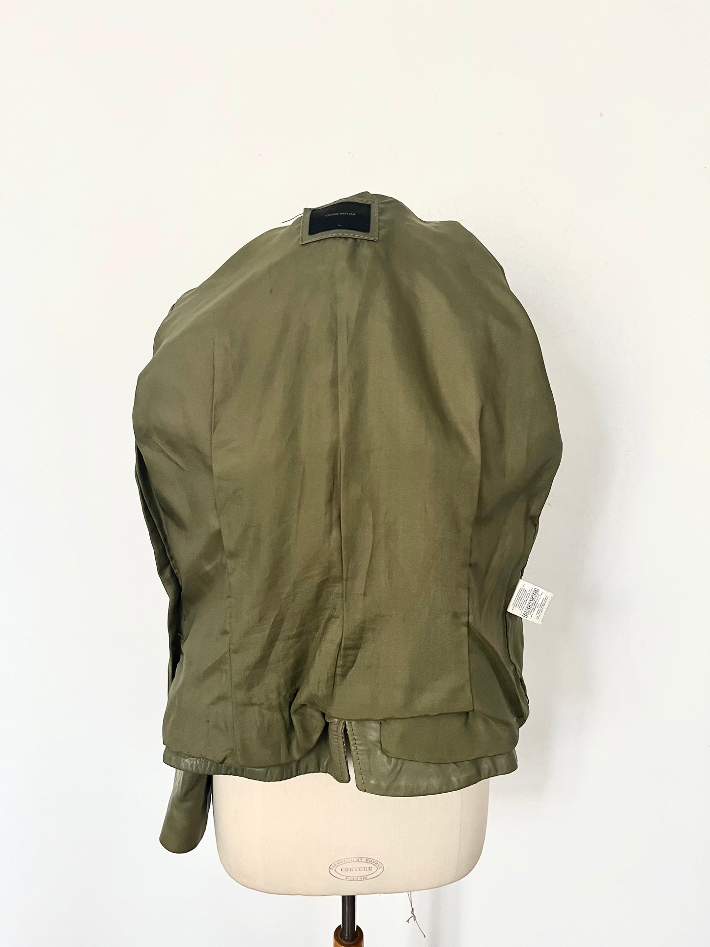 Veste vintage en cuir kaki coupe caban cintré – Taille 40/42