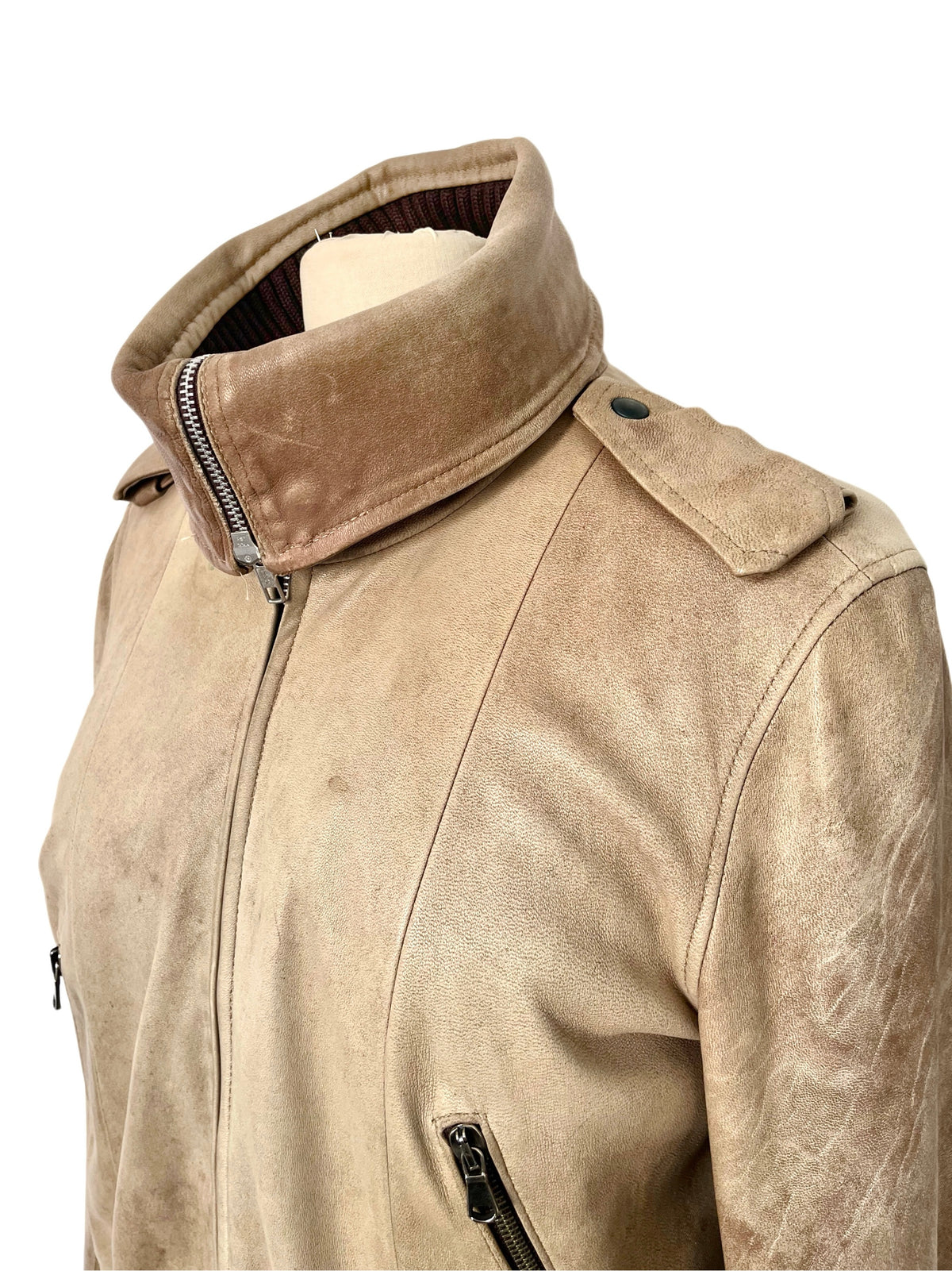 Blouson Aviateur Vintage Cuir Beige Patiné Col XXL — T. 40/42 (46 IT) — Made in Italy