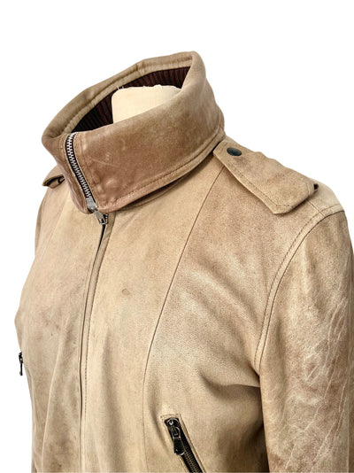 Blouson Aviateur Vintage Cuir Beige Patiné Col XXL — T. 40/42 (46 IT) — Made in Italy