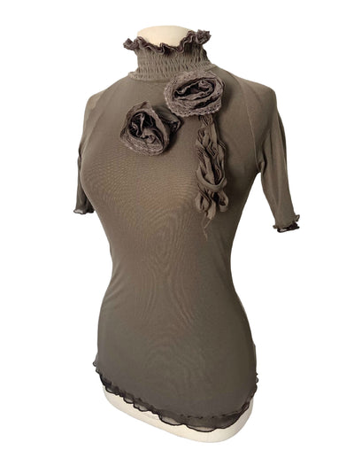 Top vintage en mesh taupe & marron à col montant smocké — (Made in Italy) — taille 38/40