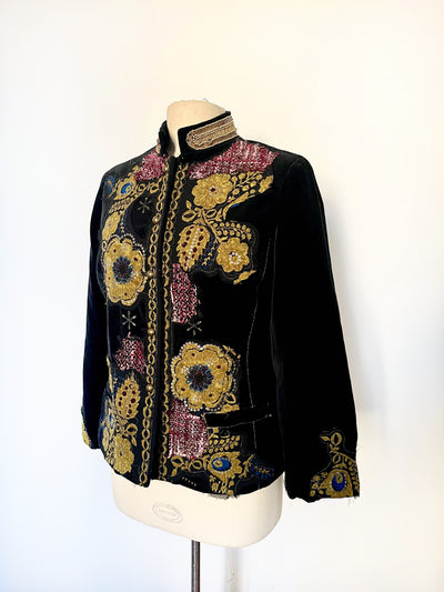 Veste Style Officier en Velours Noir & Patchwork Fleuri – Taille 42 – Très Bon État