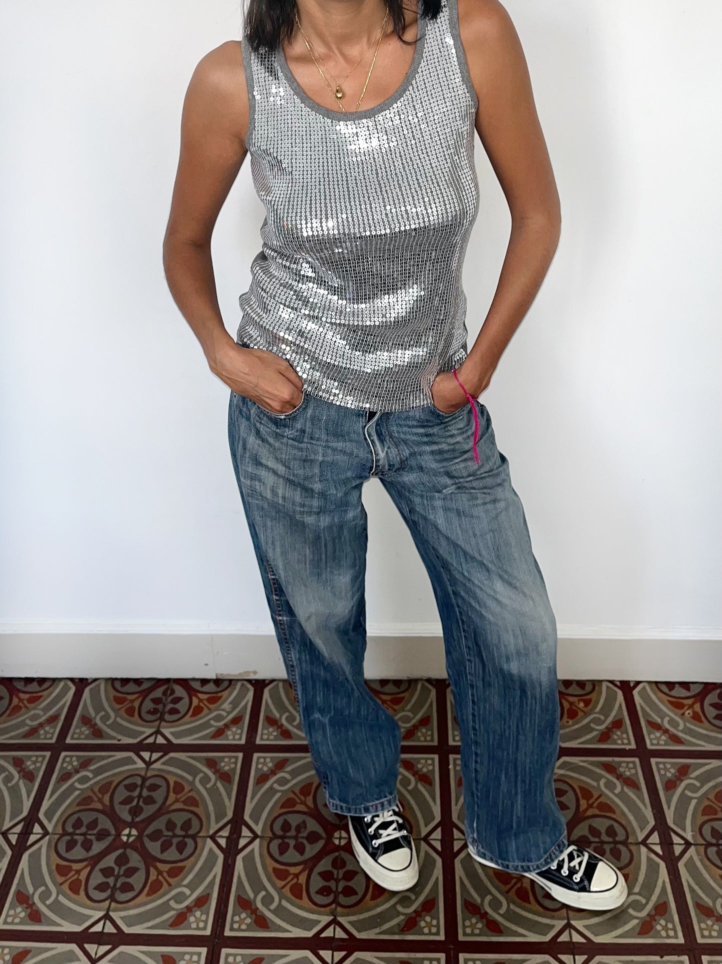 Top sans manches années 2000 à sequins argentés – Taille 38/40