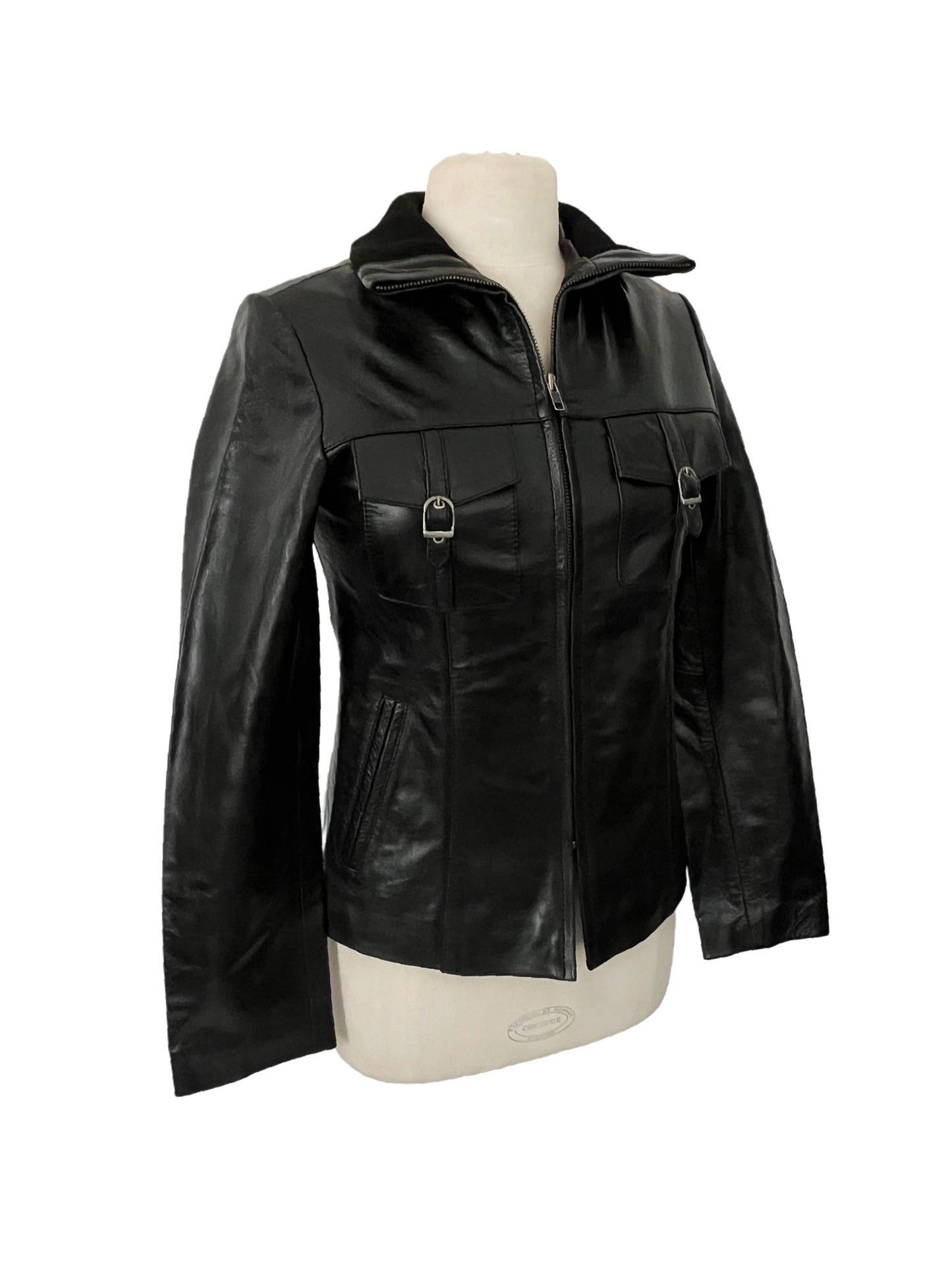 Valéria – Veste vintage en cuir véritable col montant, taille M