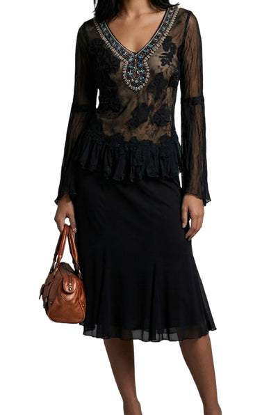 Jupe Mi-Longue Mesh Noir à Volants - Made in Italy - Taille 38 à 44