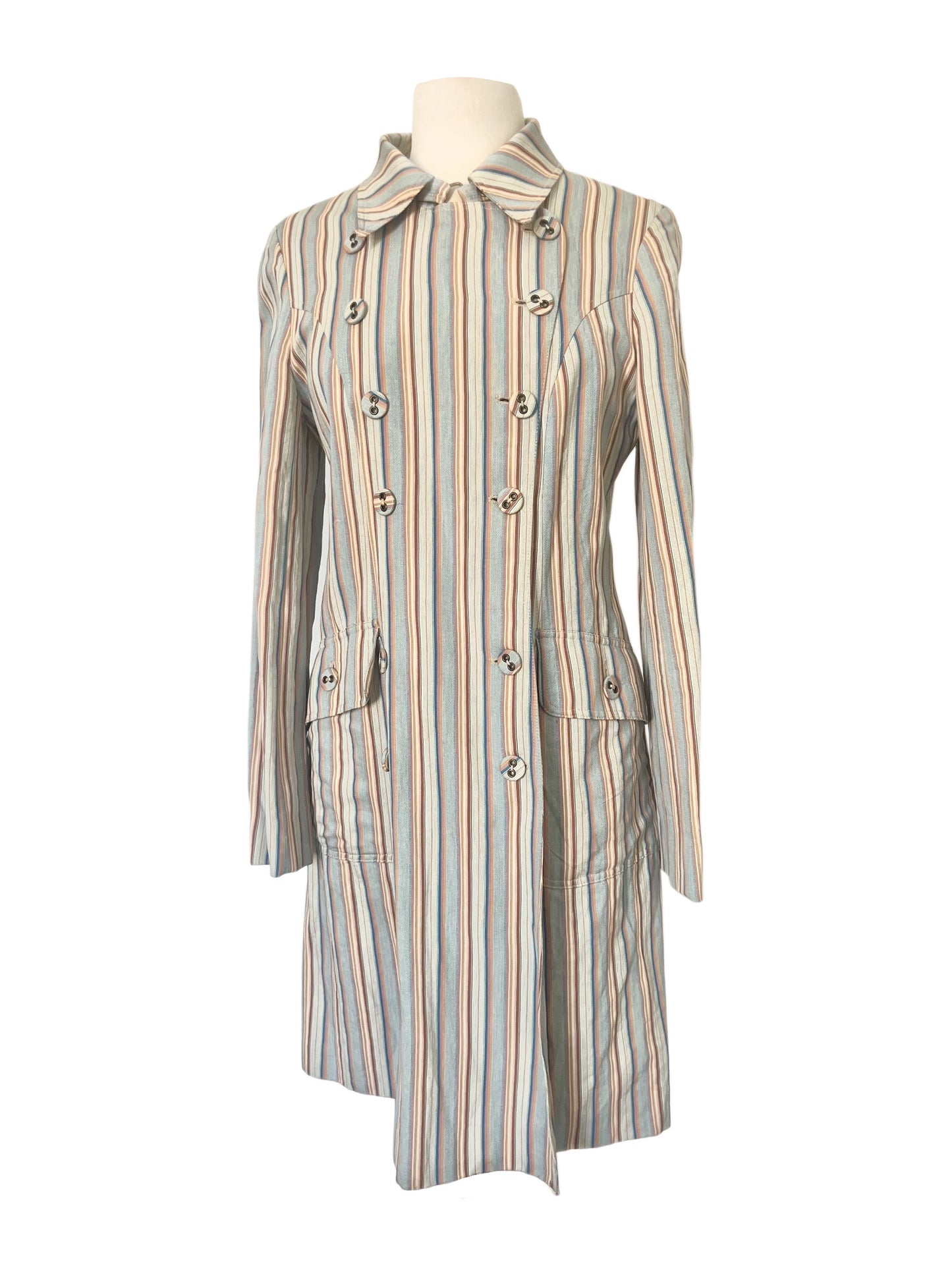 Manteau Long Léger à Rayures Pastel et Col Structuré — taille 38/40 — bohème chic / créateur