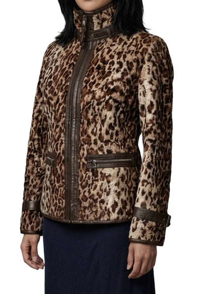 Veste ajustée vintage en fausse fourrure léopard — détails similicuir — taille 38/M