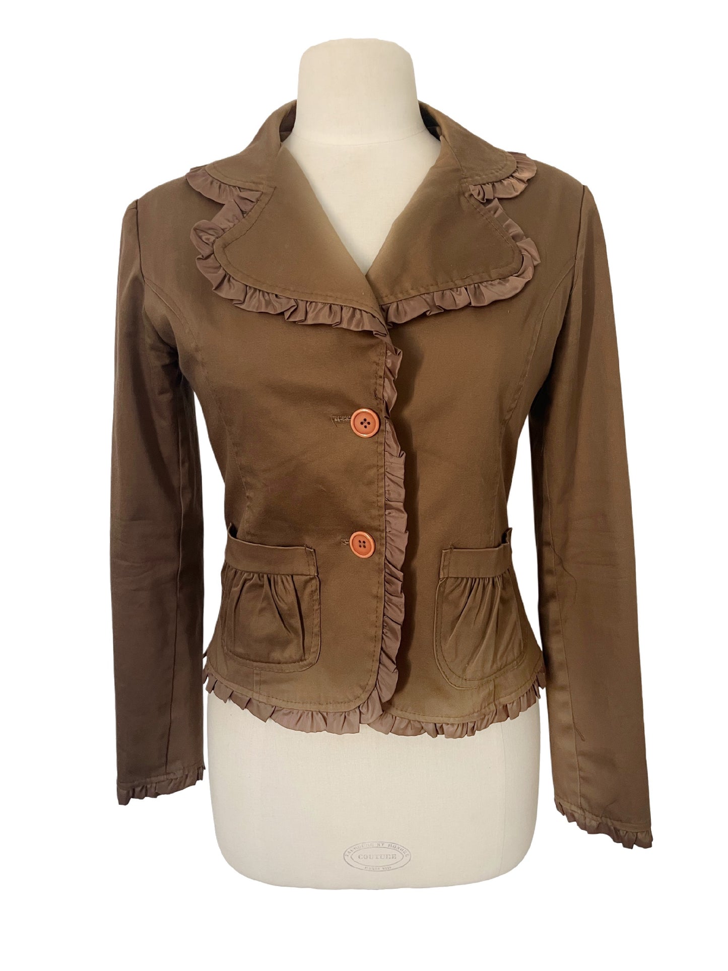 Veste Blazer Vintage Marron Glacé Cintrée à Biais Froncés  — taille 38/40 — coquette / boho chic