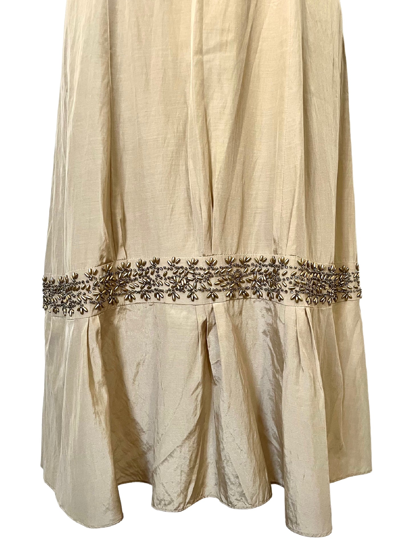 Robe Mi-Longue Dorée Scintillante en Soie — 36/38 (S) — Broderies Perlées & Dos Nu — Style Y2K