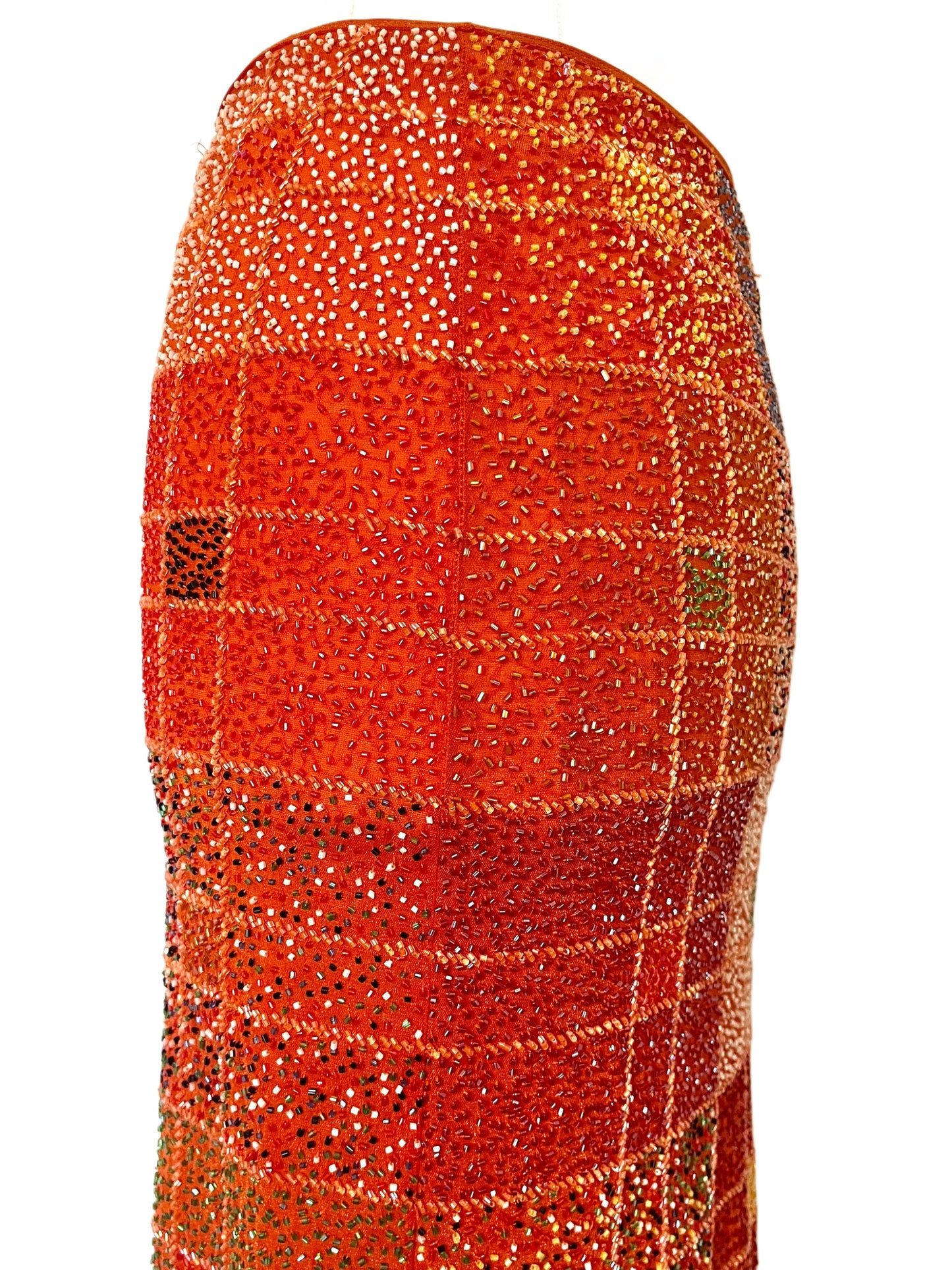 Jupe Midi Vintage Y2K Entièrement Perlée - Motif Géométrique Tons Chauds - Taille 38 (M)