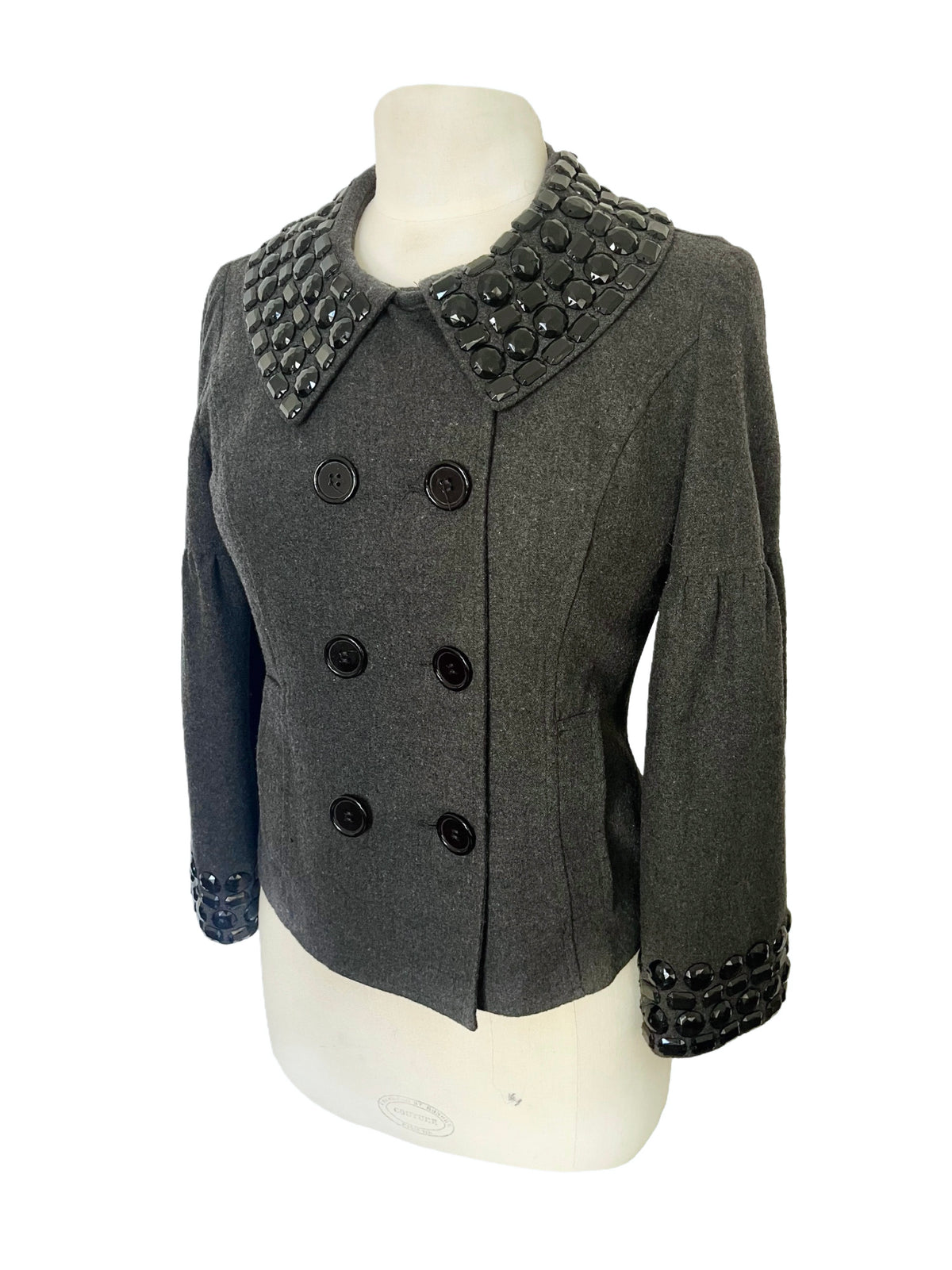 Veste Courte Style Caban Gris Anthracite Col Claudine & Poignets Gemmes Noires — T. 38
