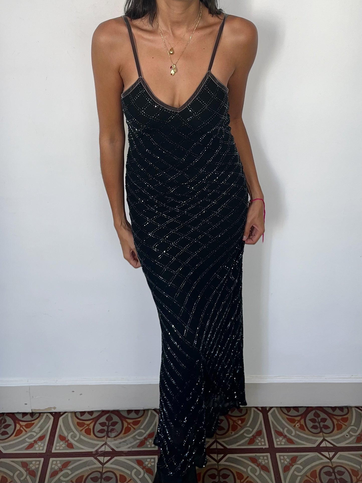 Robe de soirée vintage longue à fines bretelles – Taille 36/38