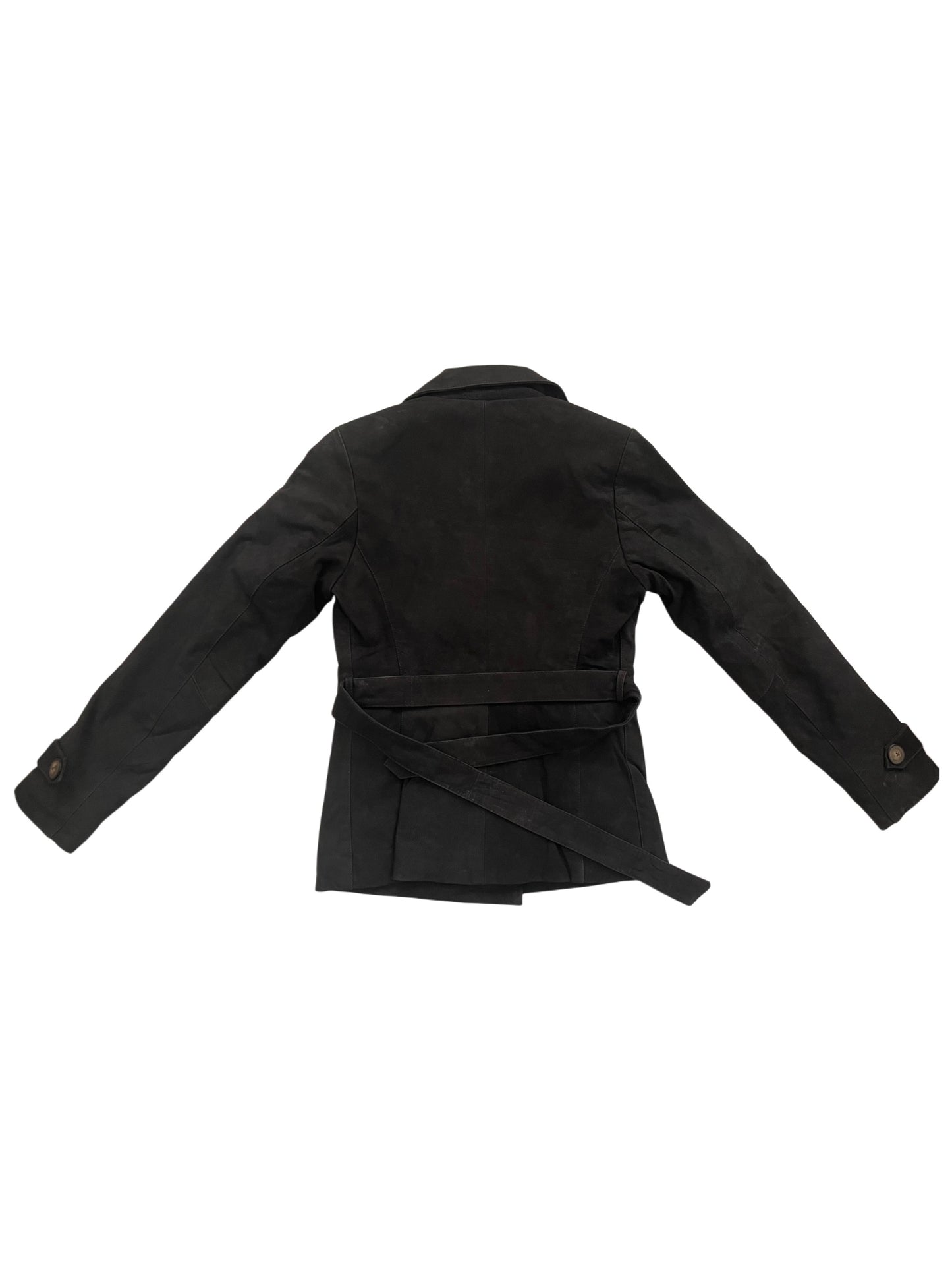 Lara – Veste caban vintage en cuir nubuck noir mat avec ceinture, taille 38