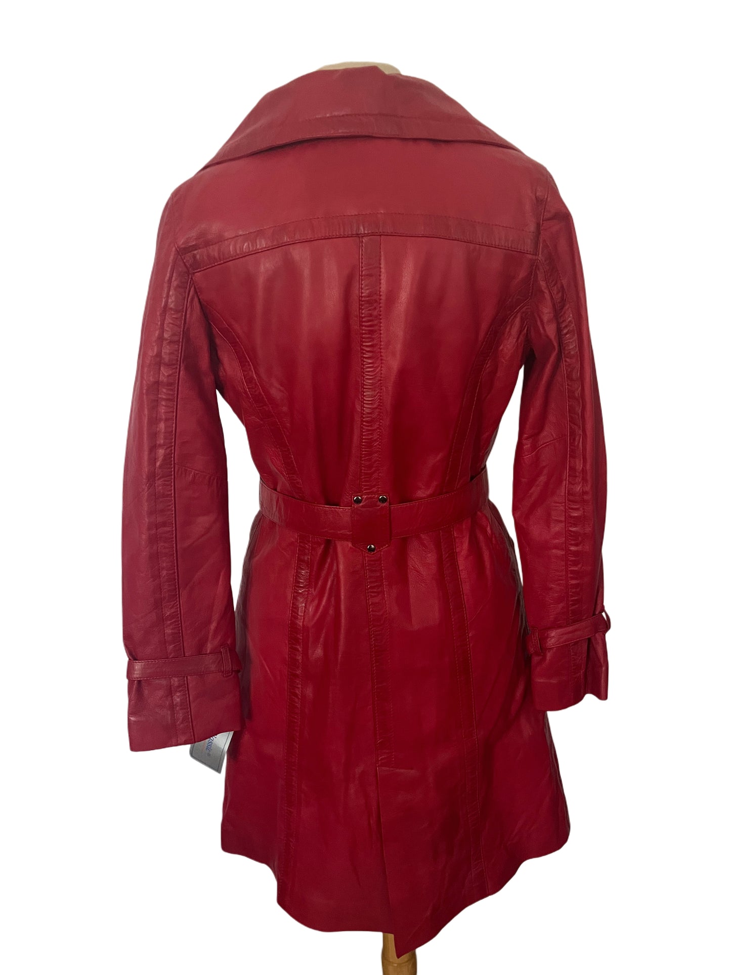 Carrie – Manteau long vintage en cuir véritable rouge, neuf avec étiquette