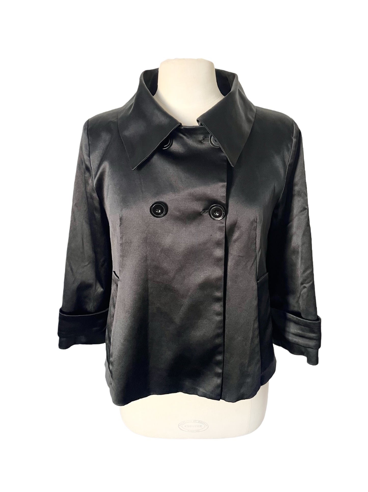 VESTE VINTAGE CABAN COURT EN SATIN NOIR - (MADE IN SPAIN) - TAILLE 38/40